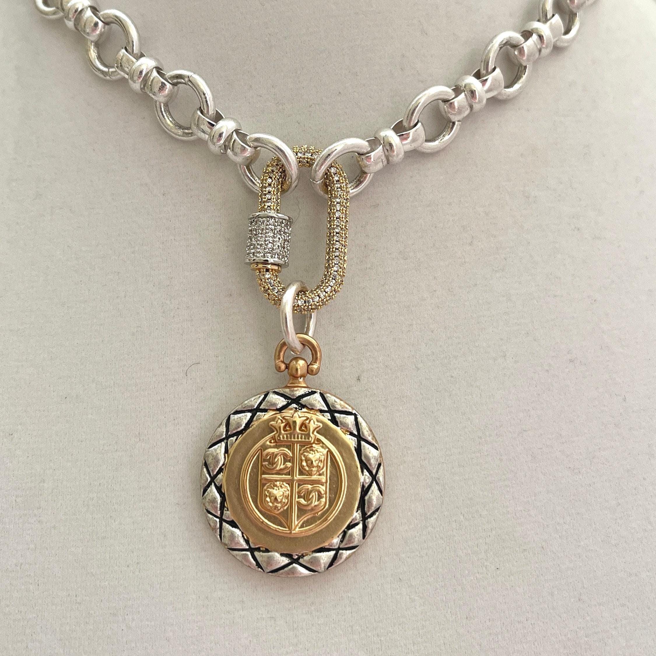 Silver Chain Necklace – French Coin Pendant, Micro Pave Carabiner Clasp
