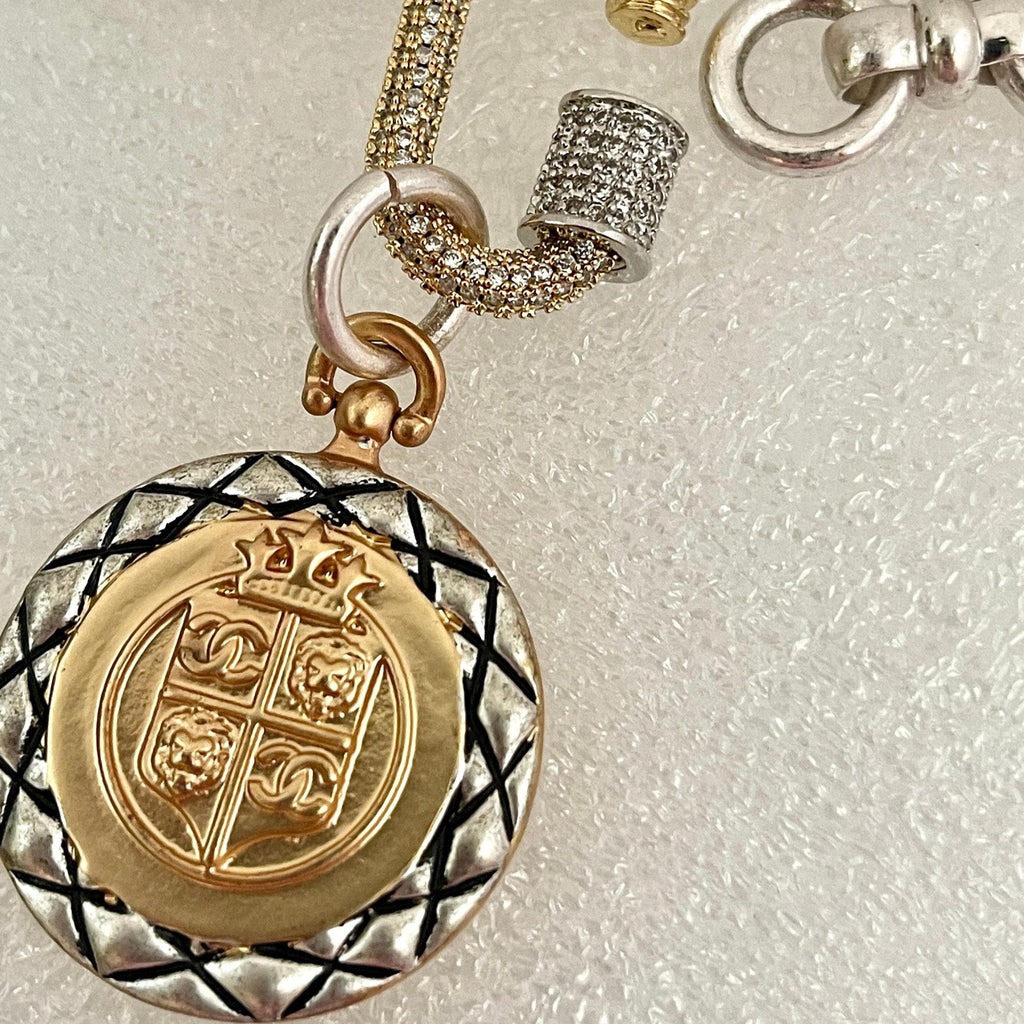 Silver Chain Necklace – French Coin Pendant, Micro Pave Carabiner Clasp