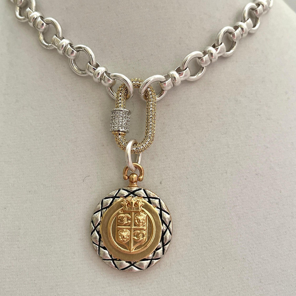 Silver Chain Necklace – French Coin Pendant, Micro Pave Carabiner Clasp