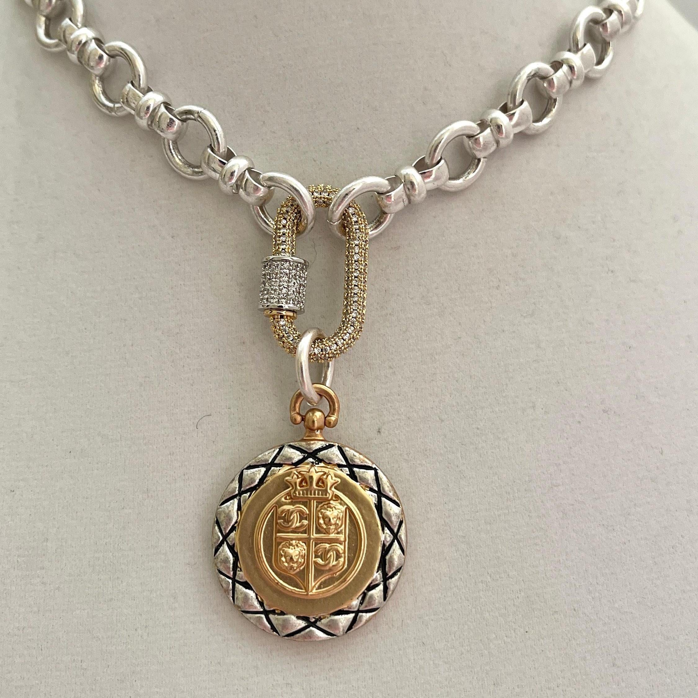 Silver Chain Necklace – French Coin Pendant, Micro Pave Carabiner Clasp