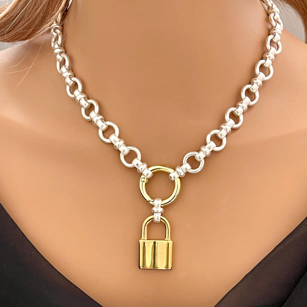 Satin Silver Chain Necklace with Large Gold Lock Pendant – Round Spring Clasp – Mixed Metal Statement Necklace – Modern Layering Jewelry