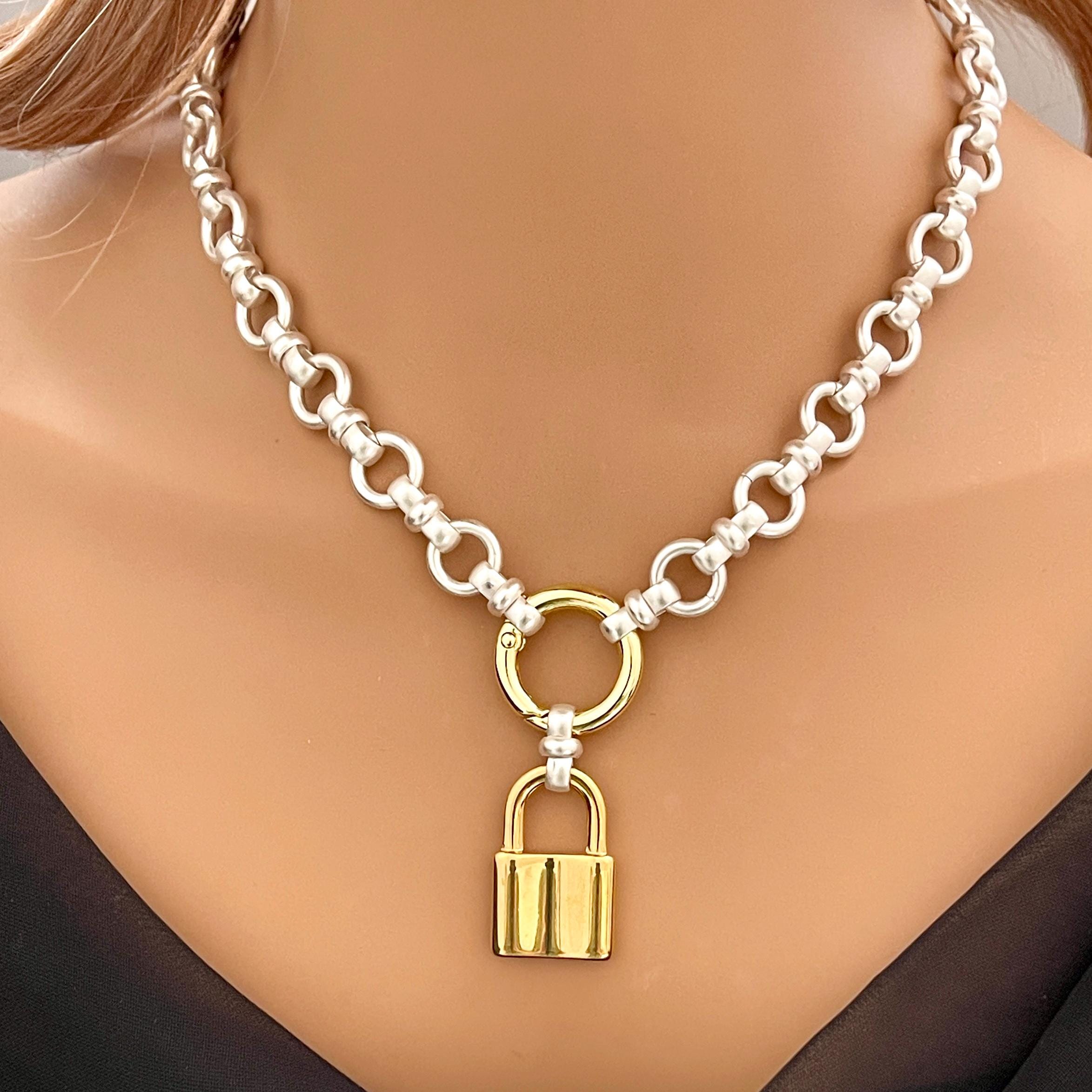 Satin Silver Chain Necklace with Large Gold Lock Pendant – Round Spring Clasp – Mixed Metal Statement Necklace – Modern Layering Jewelry