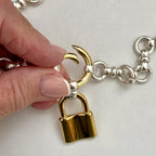 Satin Silver Chain Necklace with Large Gold Lock Pendant – Round Spring Clasp – Mixed Metal Statement Necklace – Modern Layering Jewelry