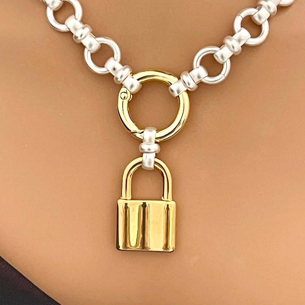 Satin Silver Chain Necklace with Large Gold Lock Pendant – Round Spring Clasp – Mixed Metal Statement Necklace – Modern Layering Jewelry