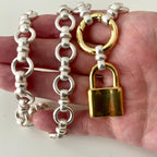 Satin Silver Chain Necklace with Large Gold Lock Pendant – Round Spring Clasp – Mixed Metal Statement Necklace – Modern Layering Jewelry