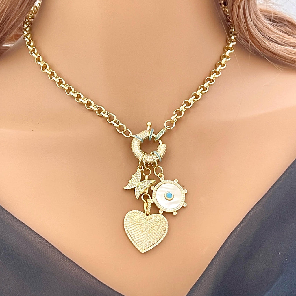 Gold Multi Charm Necklace-Rolo Chain-CZ Turquoise Mariner Clasp-Gold and Turquoise Mother Of Pearl Charm-CZ Heart Pendant-Butterfly Charm