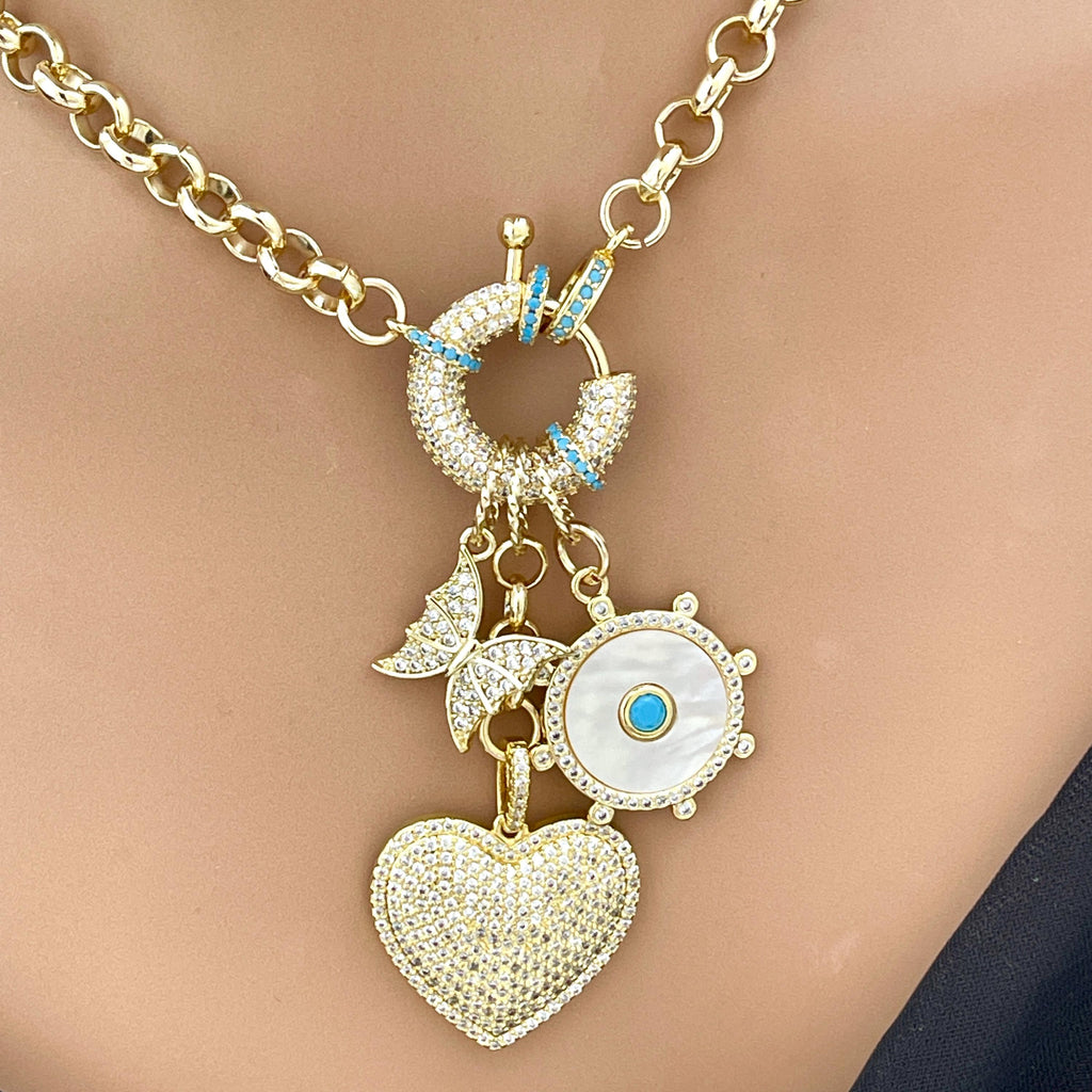 Gold Multi Charm Necklace-Rolo Chain-CZ Turquoise Mariner Clasp-Gold and Turquoise Mother Of Pearl Charm-CZ Heart Pendant-Butterfly Charm
