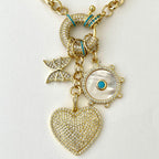 Gold Multi Charm Necklace-Rolo Chain-CZ Turquoise Mariner Clasp-Gold and Turquoise Mother Of Pearl Charm-CZ Heart Pendant-Butterfly Charm
