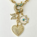 Gold Charm Necklace: CZ, Turquoise, Mother of Pearl Charms