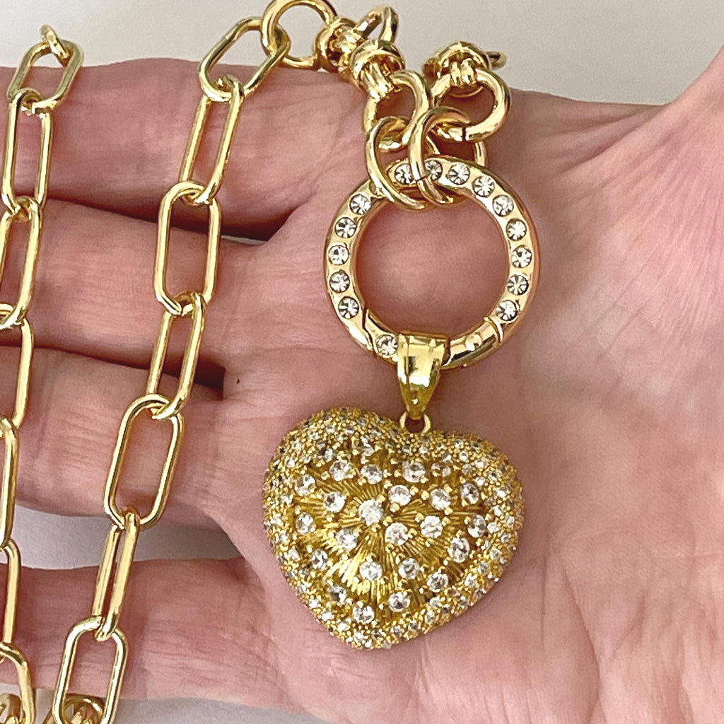 Gold Chain Necklace-CZ Encrusted Heart Pendant-CZ Spring Clasp-Multi Link Gold Chain-Gift For Her