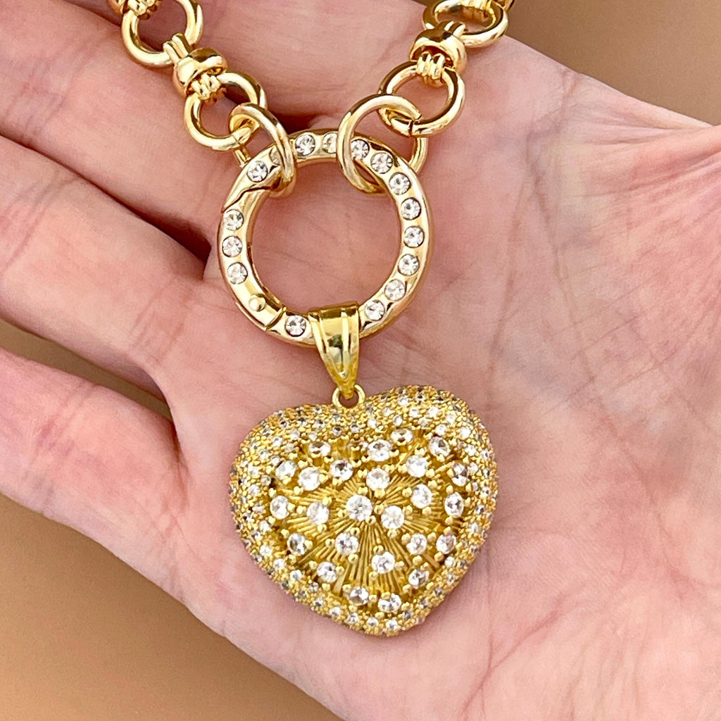 Gold Chain Necklace-CZ Encrusted Heart Pendant-CZ Spring Clasp-Multi Link Gold Chain-Gift For Her