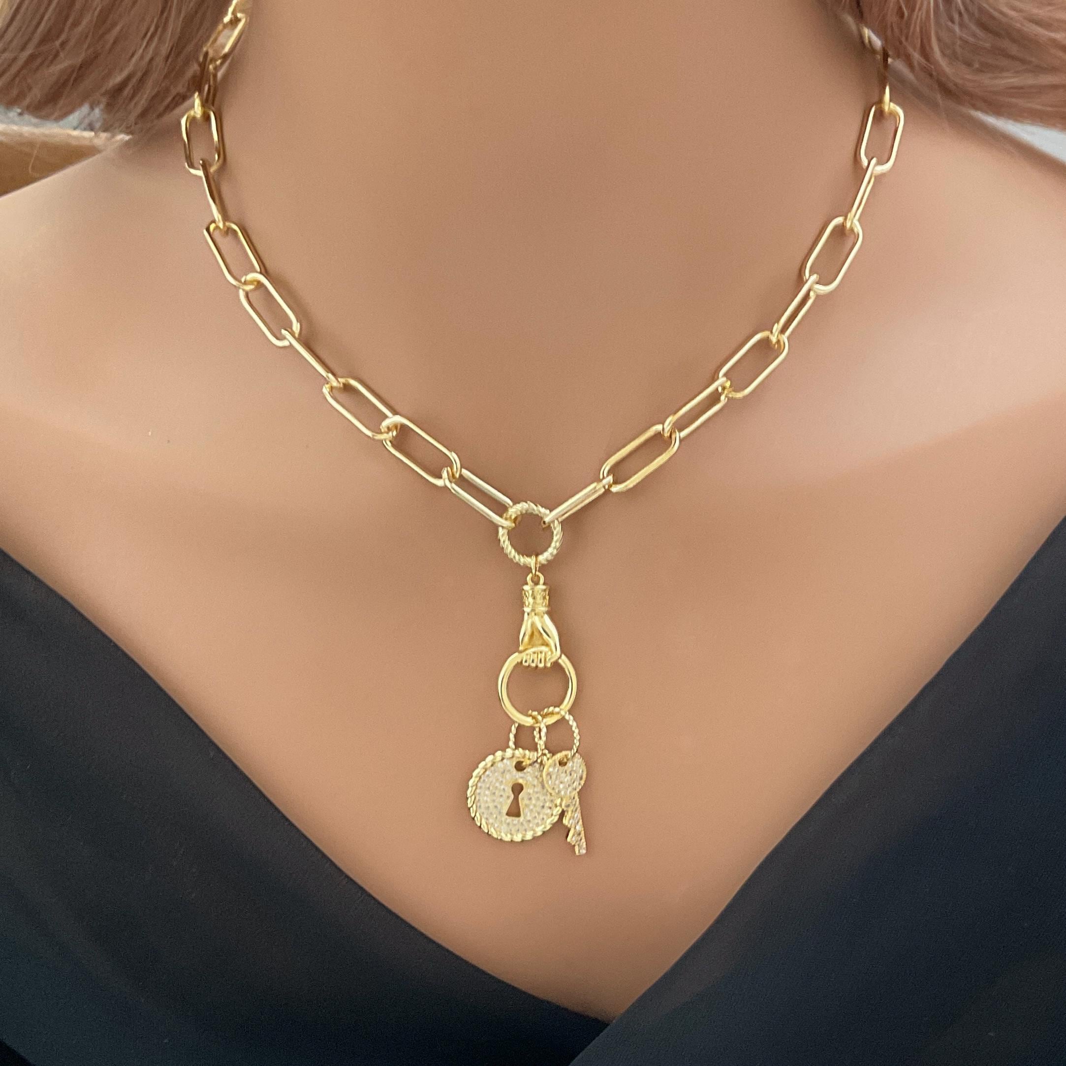 Gold Clasped Hand Necklace with Micro Pave Lock & Key Charm-Lobster Clasp Closure-Symbolic Jewelry