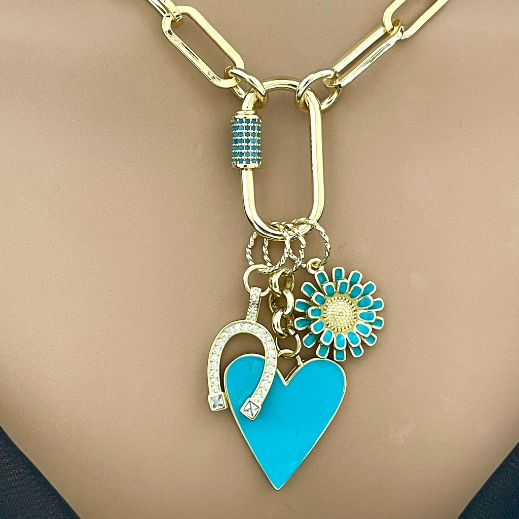 Gold Cable Chain Charm Necklace-CZ Horseshoe Charm-Turquoise Enamel Heart Pendant-Enamel Flower Charm-Carabiner Clasp-Good Luck Jewel