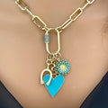 Gold Cable Chain Necklace: CZ Horseshoe, Turquoise Enamel Charms