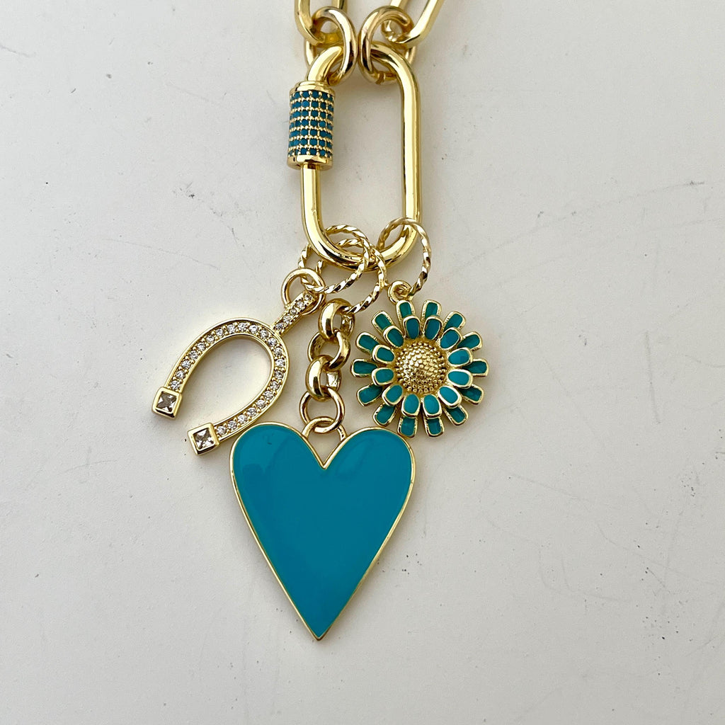 Gold Cable Chain Necklace: CZ Horseshoe, Turquoise Enamel Charms