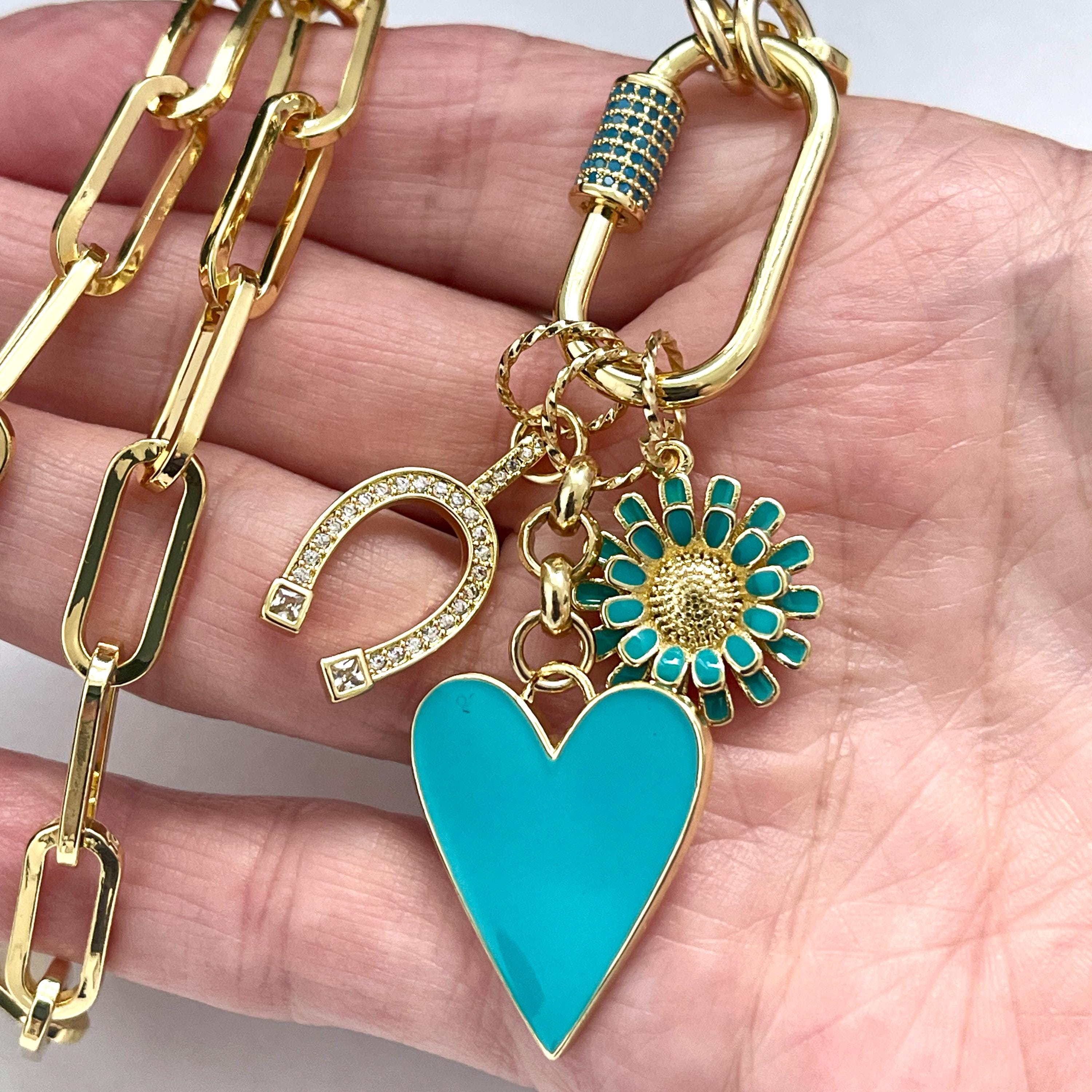 Gold Cable Chain Charm Necklace-CZ Horseshoe Charm-Turquoise Enamel Heart Pendant-Enamel Flower Charm-Carabiner Clasp-Good Luck Jewel