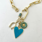 Gold Cable Chain Charm Necklace-CZ Horseshoe Charm-Turquoise Enamel Heart Pendant-Enamel Flower Charm-Carabiner Clasp-Good Luck Jewel