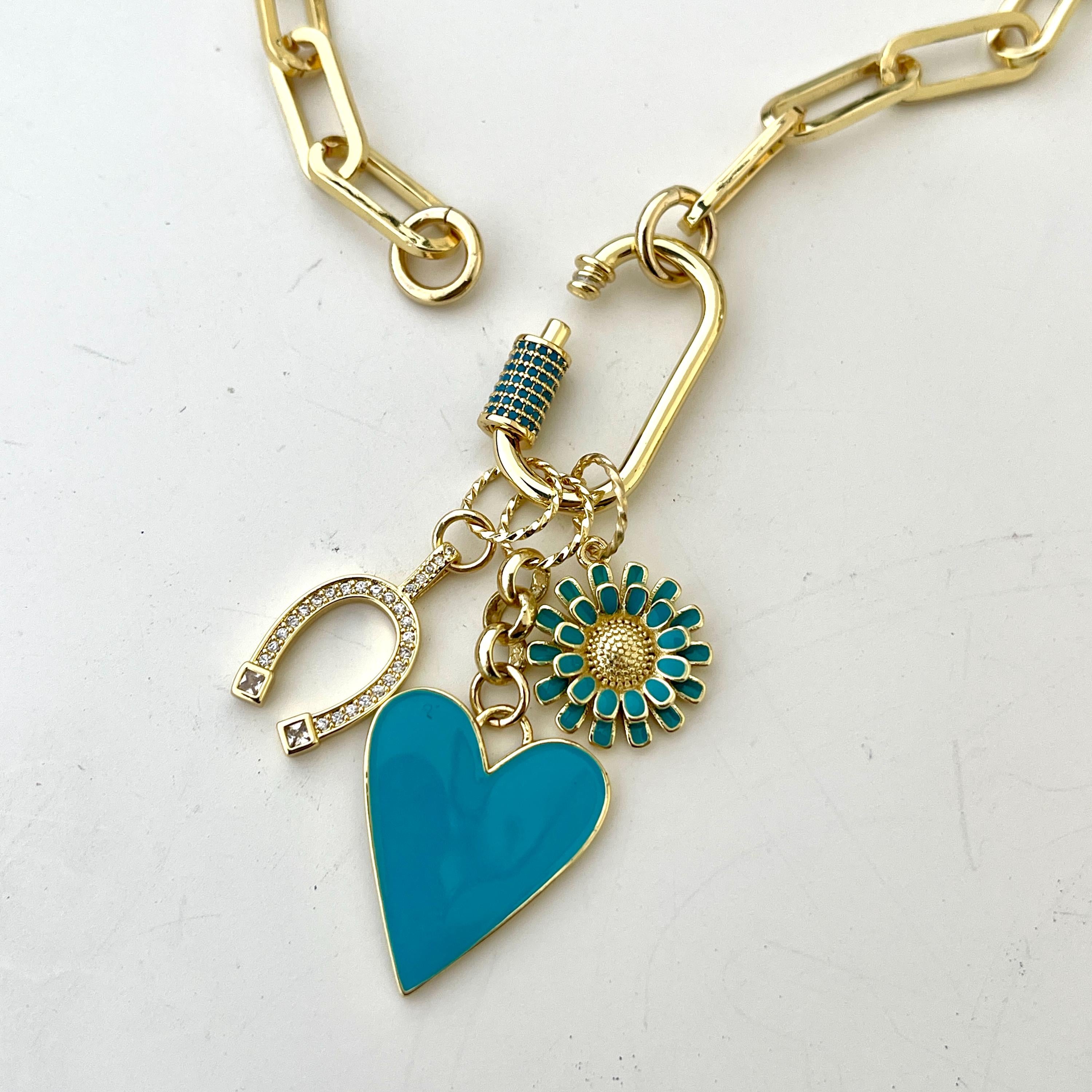 Gold Cable Chain Charm Necklace-CZ Horseshoe Charm-Turquoise Enamel Heart Pendant-Enamel Flower Charm-Carabiner Clasp-Good Luck Jewel