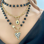Long Black Crystal Bead Necklace: Gold Animal Print Heart Pendant
