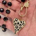 Long 32in Black Crystal Bead Necklace With Gold Animal Print Heart Pendant- Gold Micro Pave Clasp