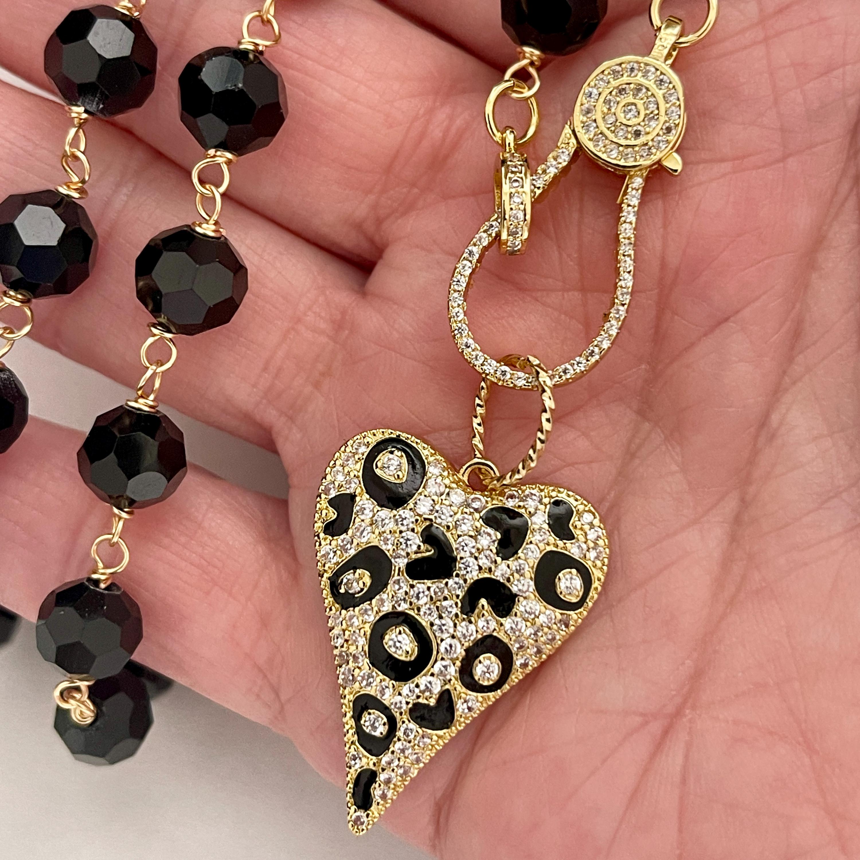Long 32in Black Crystal Bead Necklace With Gold Animal Print Heart Pendant- Gold Micro Pave Clasp