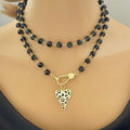 Long Black Crystal Bead Necklace: Gold Animal Print Heart Pendant
