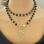 Long Black Crystal Bead Necklace: Gold Animal Print Heart Pendant