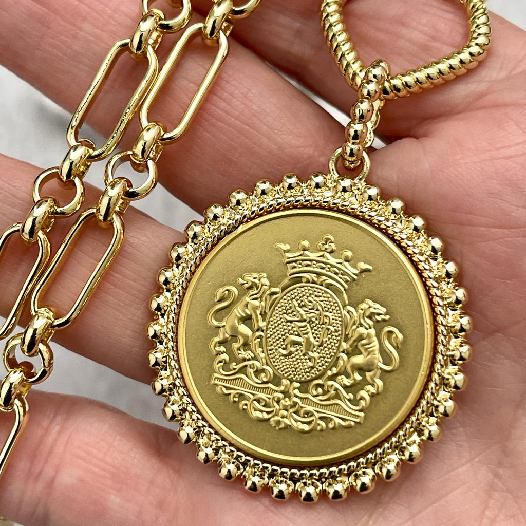 Shield Coin Necklace-Gold Multi-Link Chain-Choice of Gold or Silver Pendant-Textured Bezel-Rope Design Spring Lock Clasp-Gift for Her