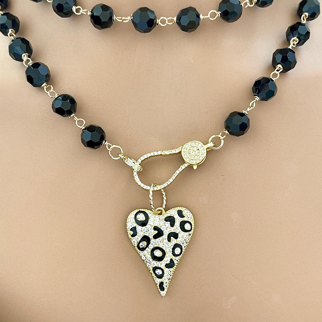 Long Black Crystal Bead Necklace: Gold Animal Print Heart Pendant