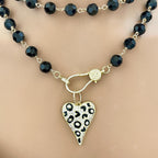 Long Black Crystal Bead Necklace: Gold Animal Print Heart Pendant
