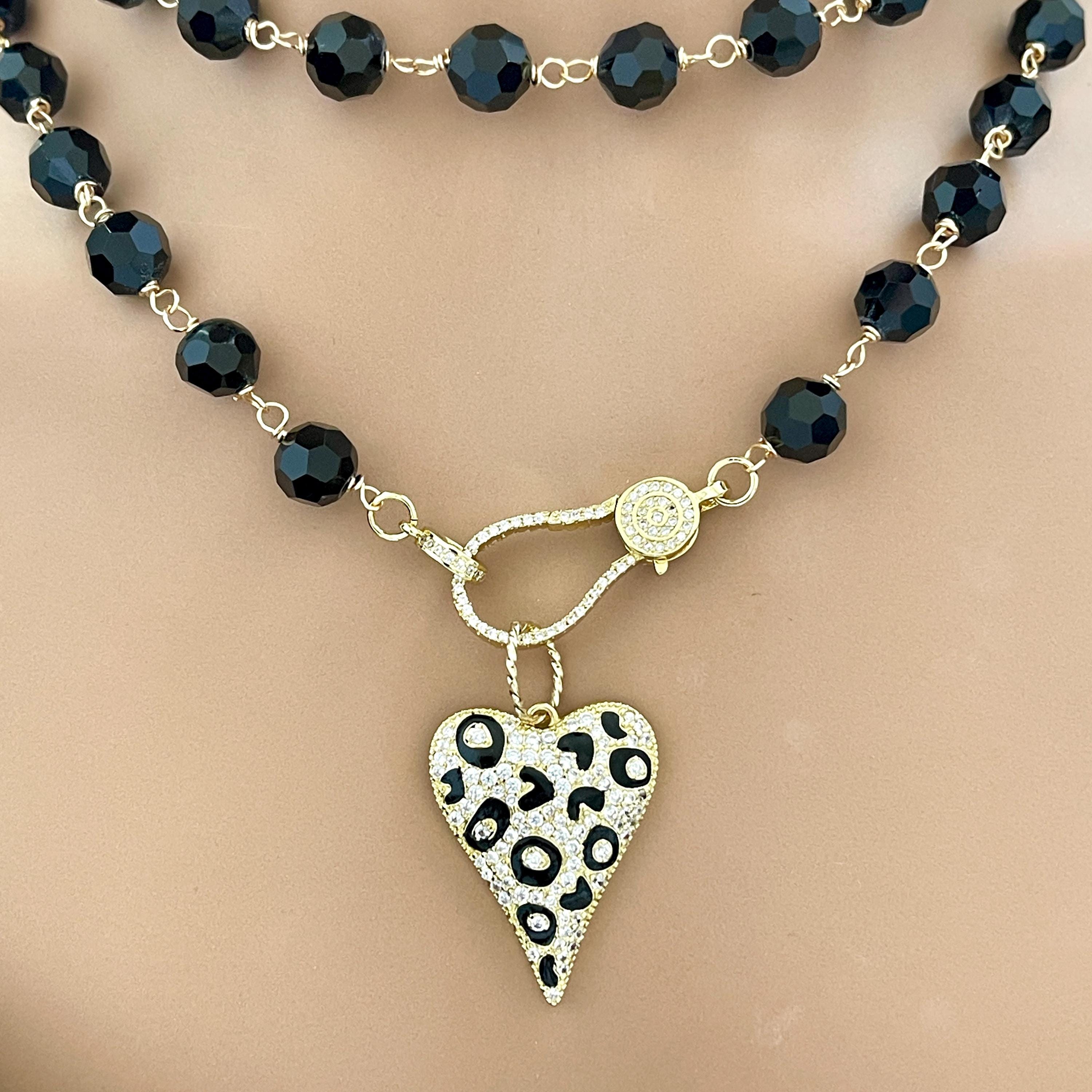 Long Black Crystal Bead Necklace: Gold Animal Print Heart Pendant