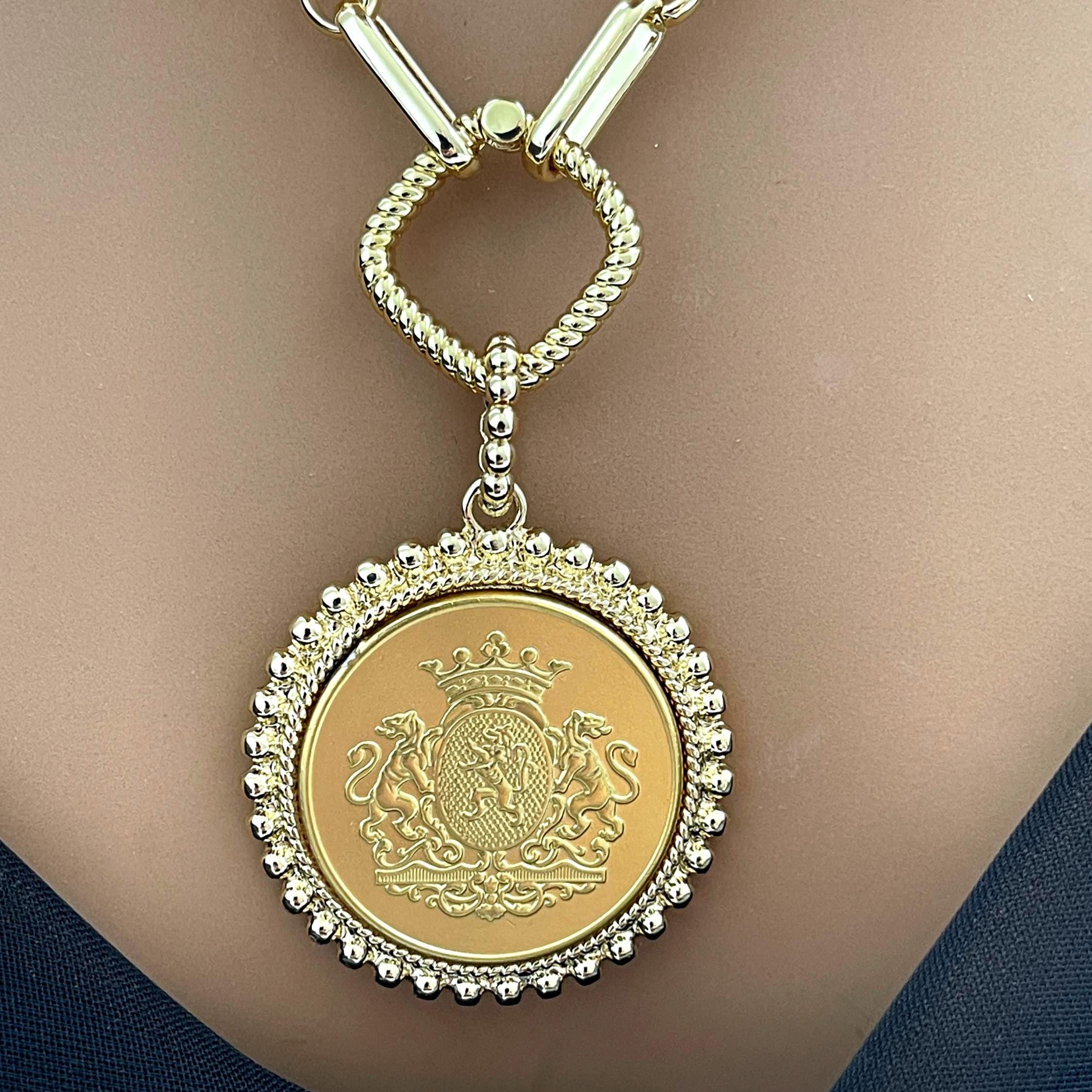 Gold Shield Coin Necklace, Multi-Link Chain, Textured Bezel