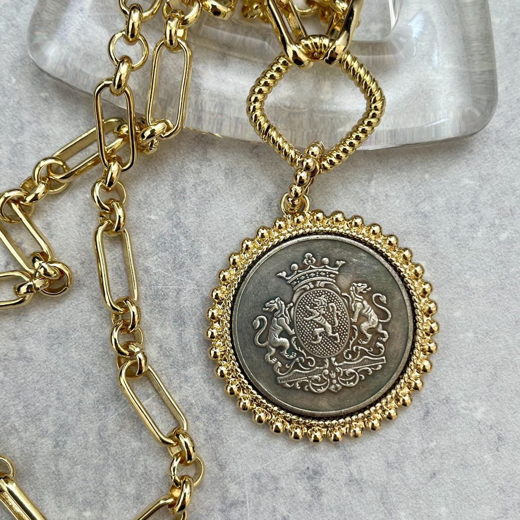 Shield Coin Necklace-Gold Multi-Link Chain-Choice of Gold or Silver Pendant-Textured Bezel-Rope Design Spring Lock Clasp-Gift for Her