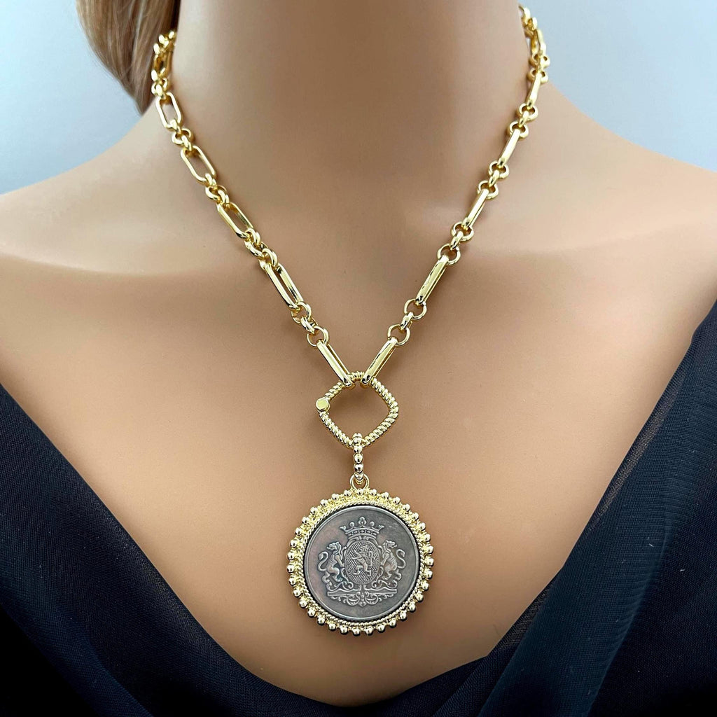 Shield Coin Necklace-Gold Multi-Link Chain-Choice of Gold or Silver Pendant-Textured Bezel-Rope Design Spring Lock Clasp-Gift for Her