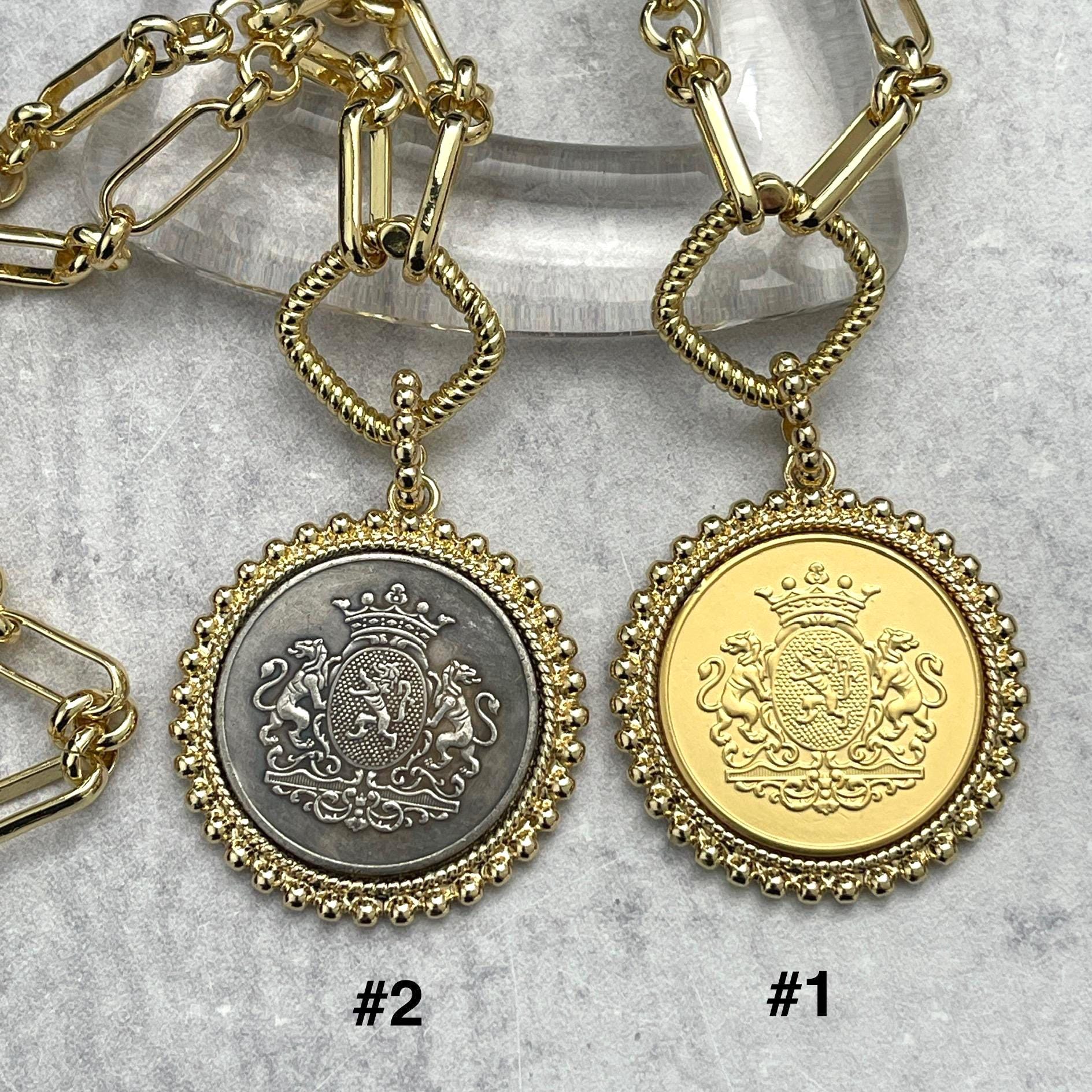 Gold Shield Coin Necklace, Multi-Link Chain, Textured Bezel