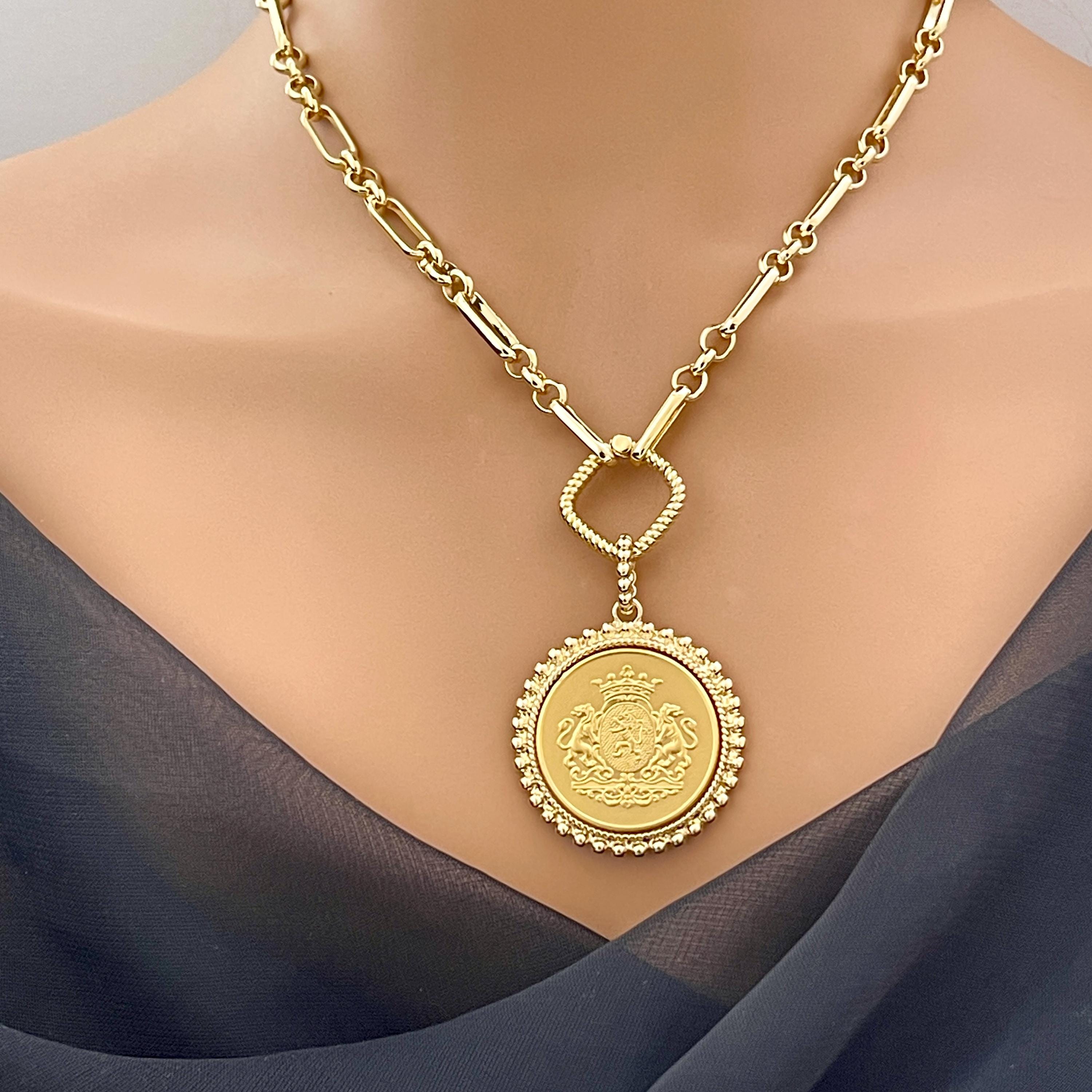 Gold Shield Coin Necklace, Multi-Link Chain, Textured Bezel