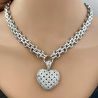 Silver Chunky Heart Necklace – Multi Link Chain with a Trellis Design & Micro Pave Pendant-Gift For Her