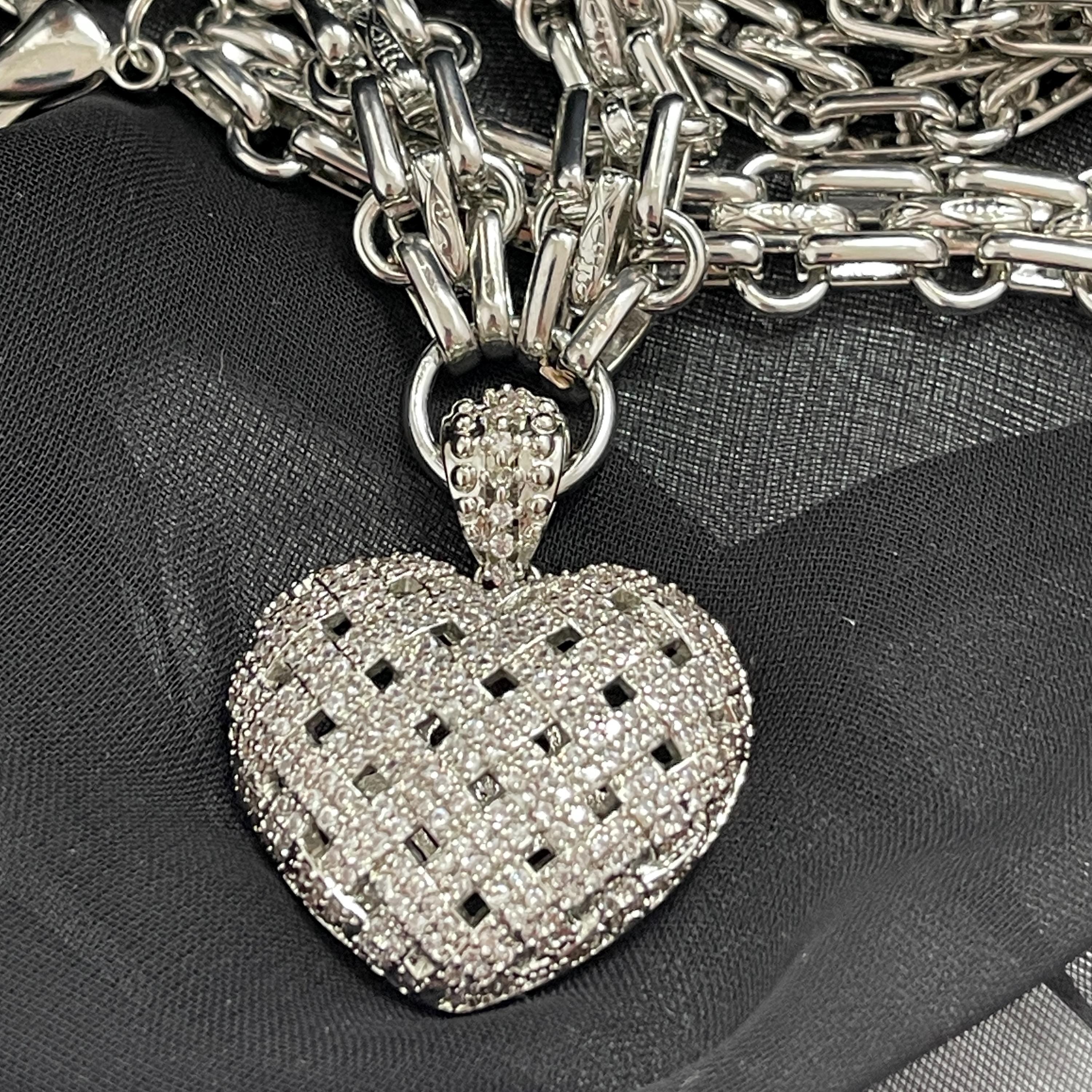 Silver Chunky Heart Necklace – Multi Link Chain with a Trellis Design & Micro Pave Pendant-Gift For Her