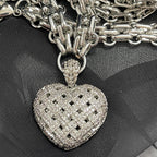 Silver Chunky Heart Necklace – Multi Link Chain with a Trellis Design & Micro Pave Pendant-Gift For Her