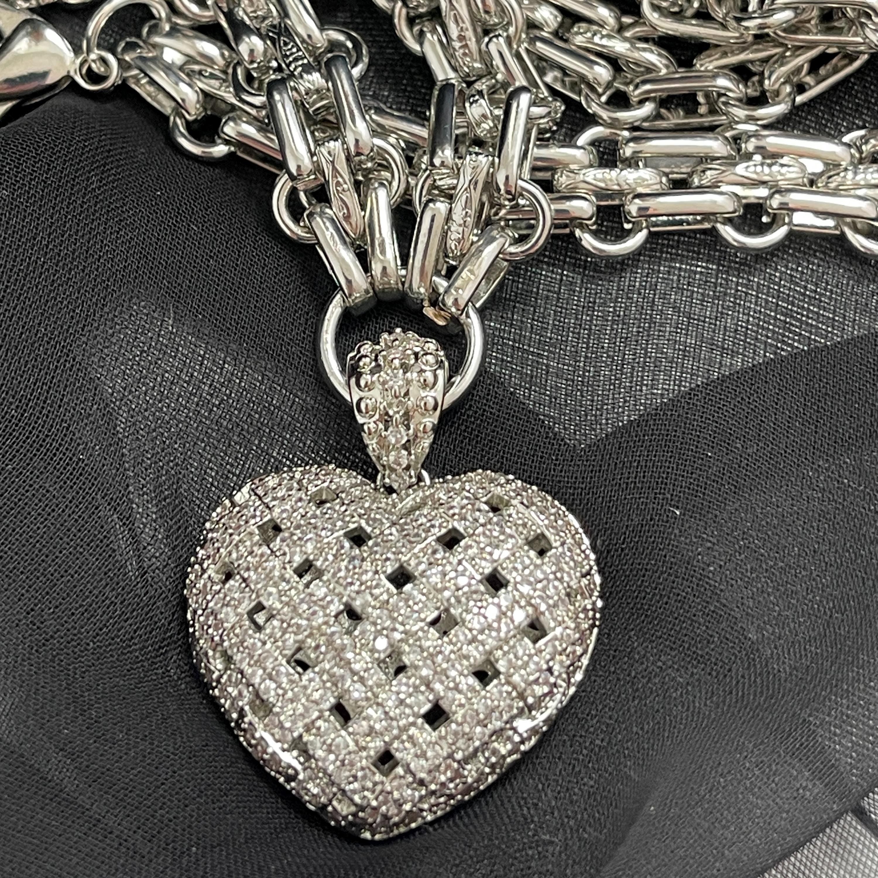 Silver Chunky Heart Necklace – Multi Link Chain with a Trellis Design & Micro Pave Pendant-Gift For Her