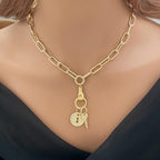 Gold Clasped Hand Necklace with Micro Pave Lock & Key Charm-Lobster Clasp Closure-Symbolic Jewelry