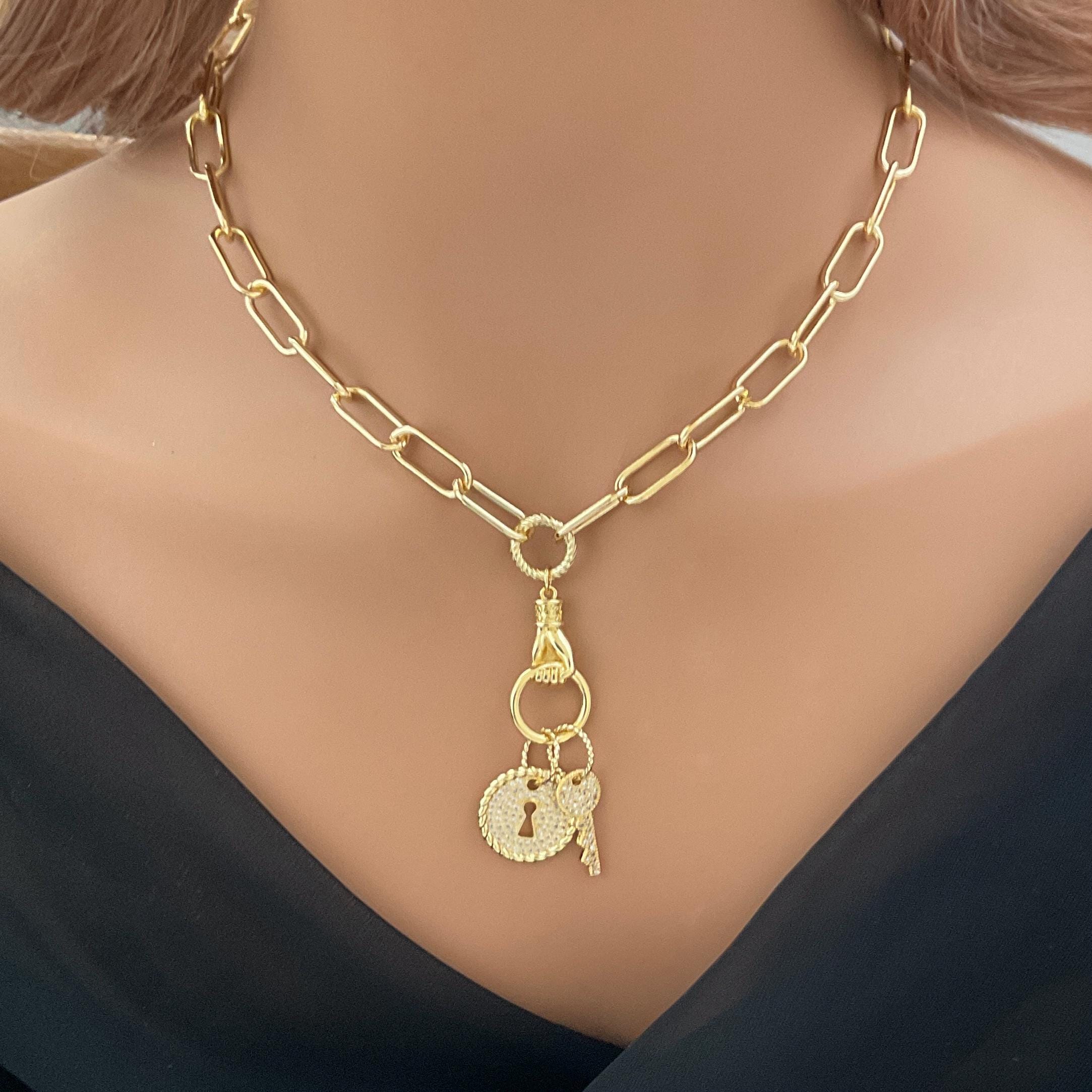 Gold Clasped Hand Necklace with Micro Pave Lock & Key Charm-Lobster Clasp Closure-Symbolic Jewelry