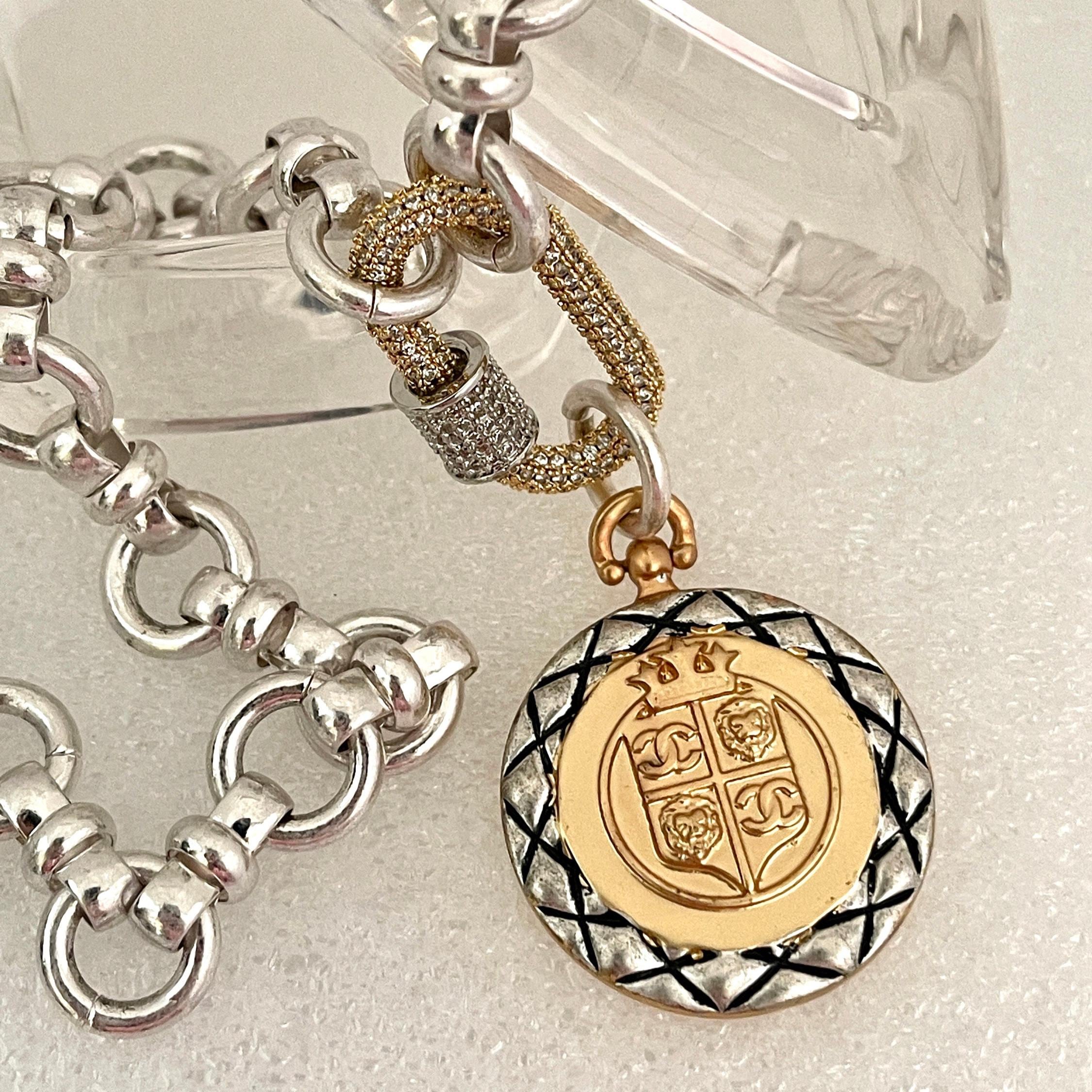 Silver Chain Necklace – French Coin Pendant, Micro Pave Carabiner Clasp