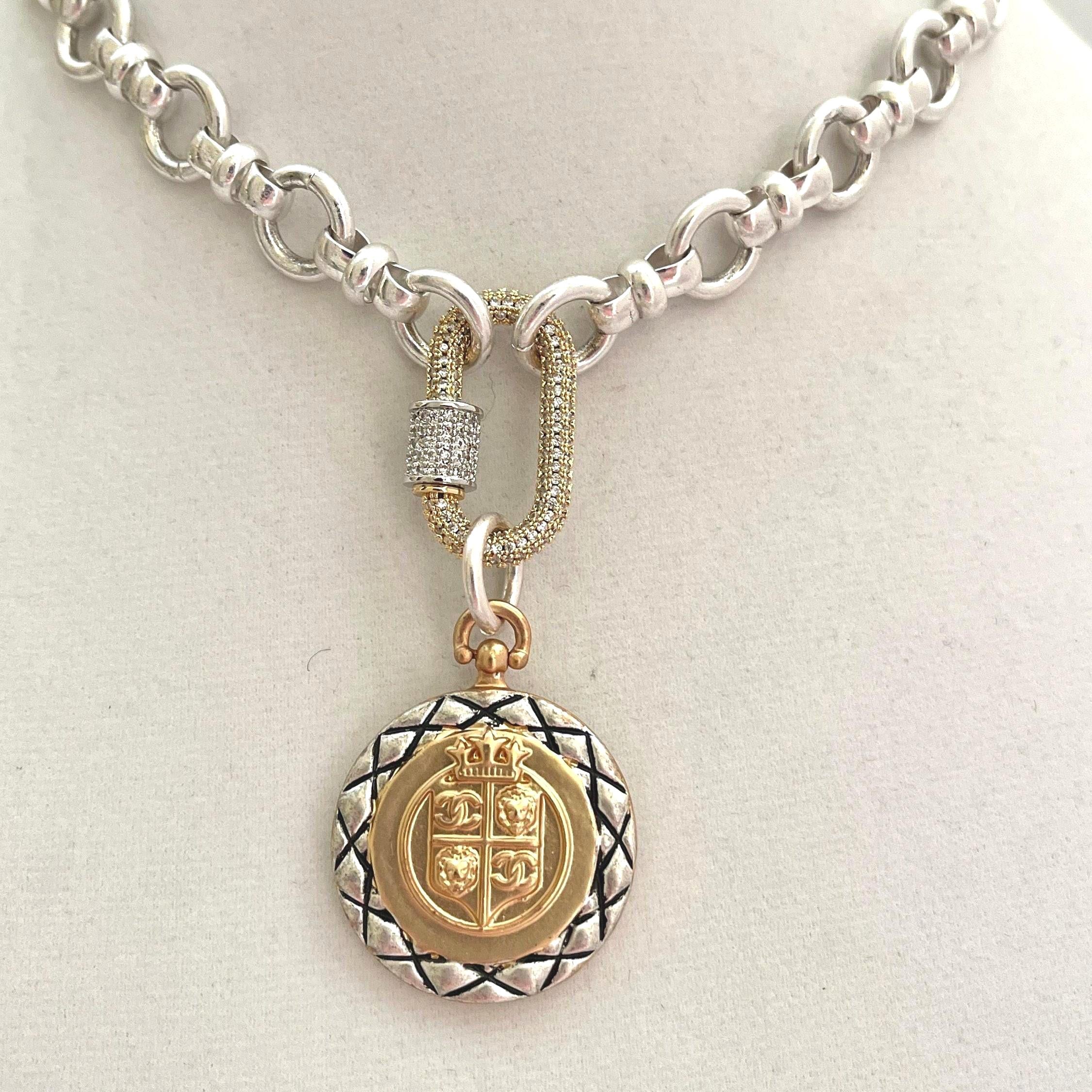 Silver Chain Necklace – French Coin Pendant, Micro Pave Carabiner Clasp