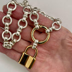 Satin Silver Chain Necklace with Large Gold Lock Pendant – Round Spring Clasp – Mixed Metal Statement Necklace – Modern Layering Jewelry