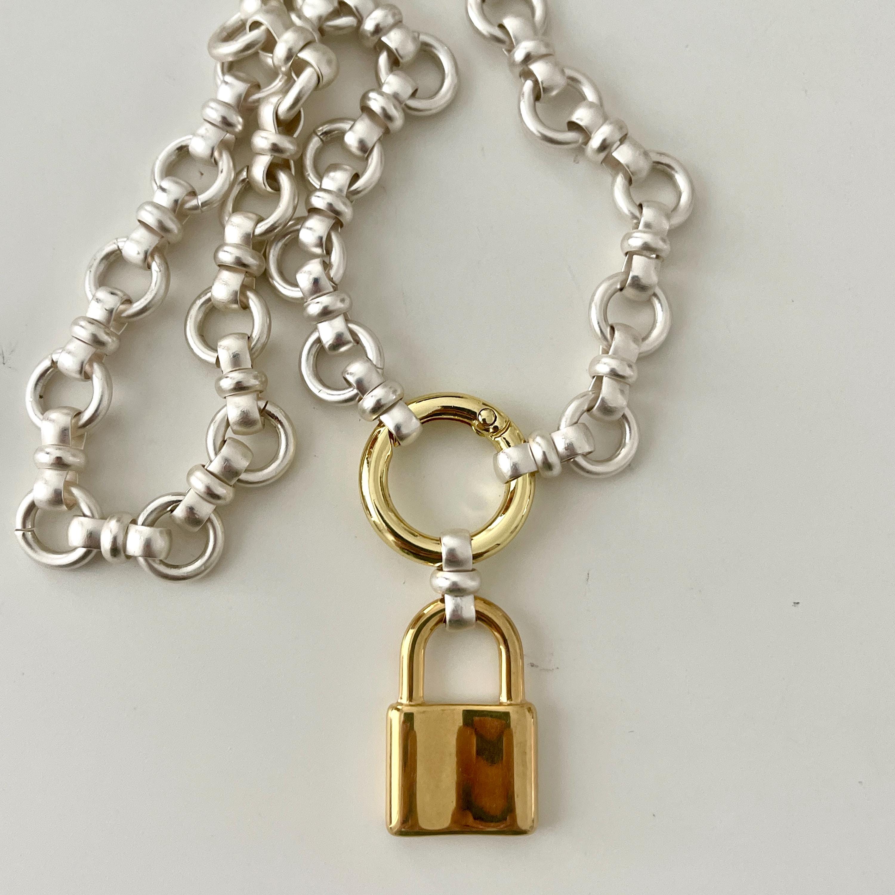 Satin Silver Chain Necklace with Large Gold Lock Pendant – Round Spring Clasp – Mixed Metal Statement Necklace – Modern Layering Jewelry