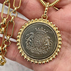 Gold Shield Coin Necklace, Multi-Link Chain, Textured Bezel