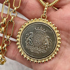 Gold Multi-Link Chain Shield Coin Necklace, Textured Bezel