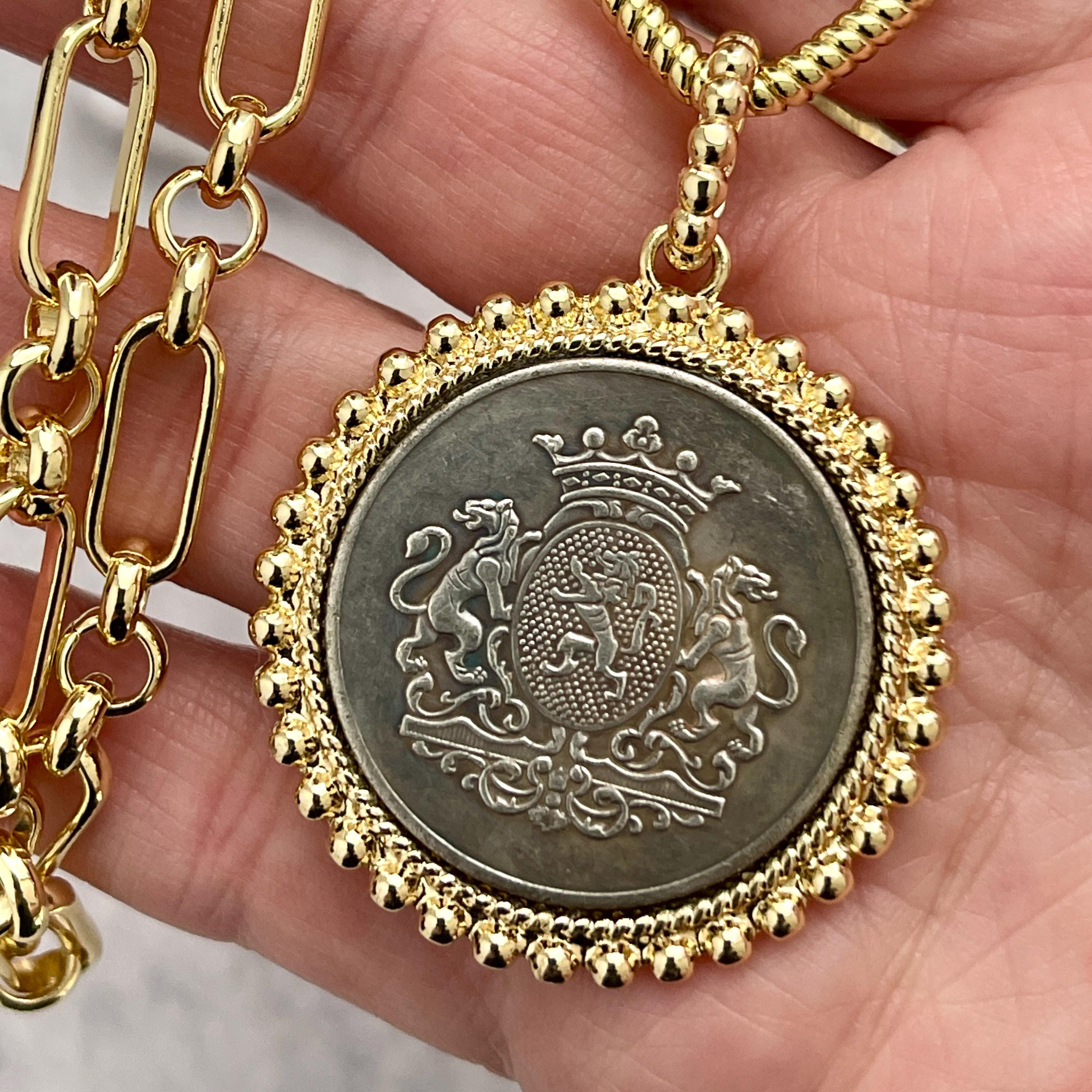 Gold Multi-Link Chain Shield Coin Necklace, Textured Bezel