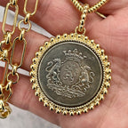 Shield Coin Necklace-Gold Multi-Link Chain-Choice of Gold or Silver Pendant-Textured Bezel-Rope Design Spring Lock Clasp-Gift for Her